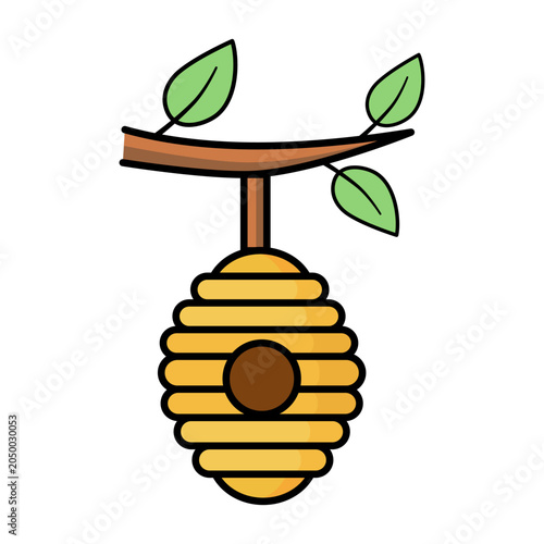 A beehive hanging on a tree.