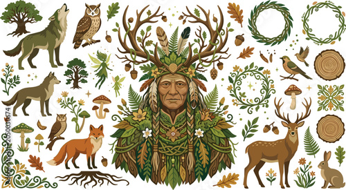 Schilderij op canvas Forest spirit mythology vector element kit featuring pagan horned god native shaman woodland animals deer wolf owl fox and magical nature illustrations