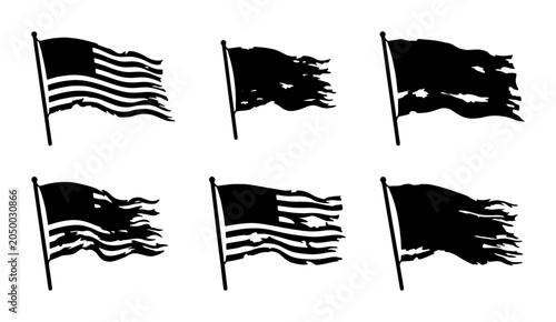 Tablou pe pânză Tattered American Flags Vector Set, Worn USA Banners Silhouette Collection, Dist