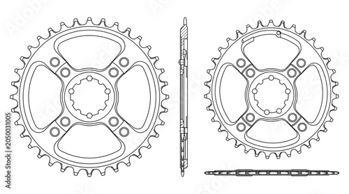 Chainring bicycle drivetrain component technical drawing blueprint with front side back and side views CAD line art vector illustration