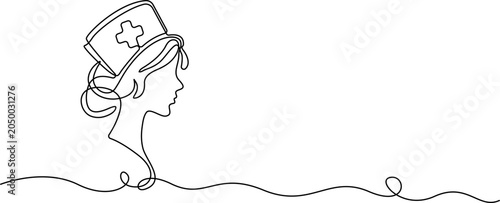 Nurse profile continuous one line drawing healthcare worker line art