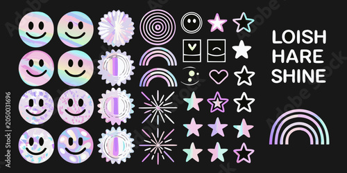 Konstfotografi Holographic Sticker Collection With Smiley Faces Stars And Rainbows On Black