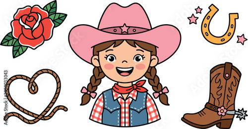 Cute Cartoon Cowgirl Character Set with Western Elements Like Boots Horseshoe Lasso and Rose for Kid Designs