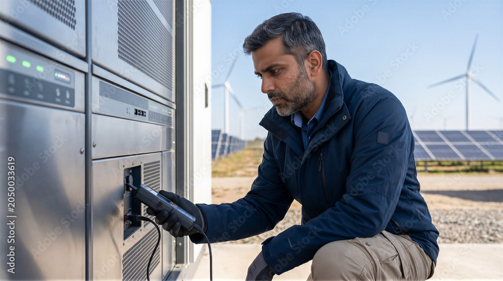 Fototapeta premium Indian Engineer Inspecting Advanced Battery Energy Storage System at Renewable Power Plant