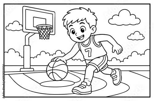 Obraz na płótnie Basketball player boy dribbling ball on court in a black and white coloring page
