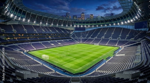 Empty modern football stadium at night with city skyline in background