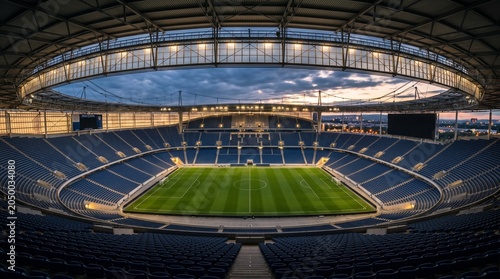 Panoramic view of a modern empty football stadium at sunset