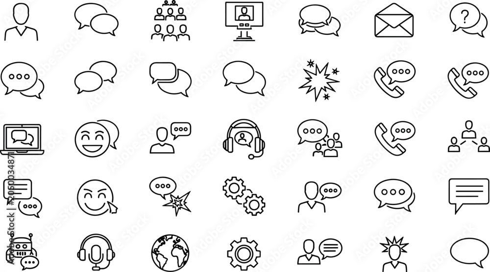 Fototapeta premium Vector illustration collection of customer support service call center chatbot team communication and global helpdesk thin line icons set
