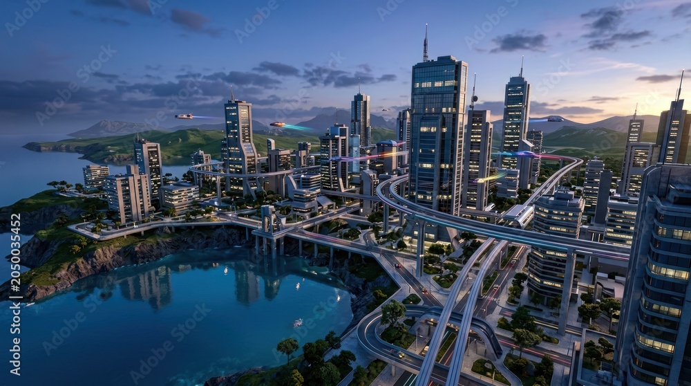 Fototapeta premium Cityscape at dusk with modern skyscrapers.