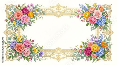 Elegant rectangular floral border frame features vibrant bouquets of blooming roses peonies and wildflowers arranged in corners with intricate golden filigree patterns and delicate green foliage 