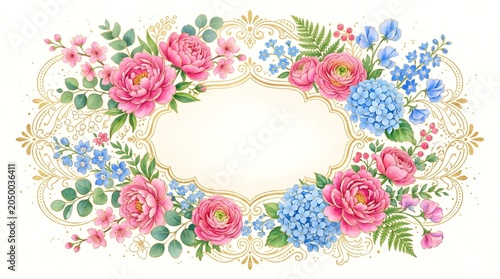 Elegant oval floral frame featuring vibrant pink peonies and lush blue hydrangeas intertwined with delicate golden filigree swirls on a pristine cream background creating a sophisticated artistic 