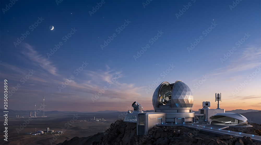 Obraz premium Astronomical observatory on a rocky hilltop at dusk with a large dome telescope