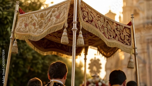 A ceremonial procession with a richly decorated fabric canopy held aloft on four poles.