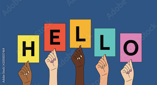 Diverse hands holding up colorful letter boards that spell out the word HELLO against a solid blue background for a friendly greeting.