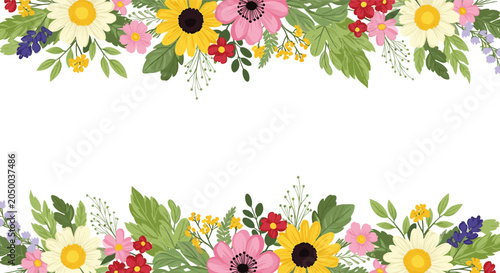 Decorative floral border frame with a variety of colorful wildflowers, sunflowers, and green leaves on a white background.