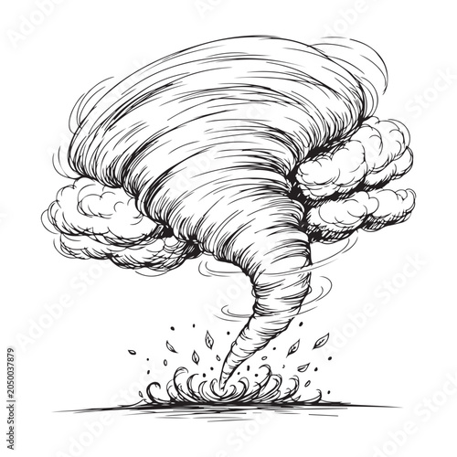 Tableau sur toile Dramatic Hand Drawn Tornado Illustration with Swirling Clouds and Debris