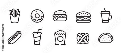 Set of fast food line icons including burger and fries and hot dog and donut and pizza and popcorn and taco.