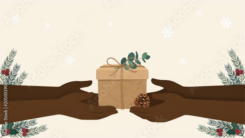 Two hands exchanging a paper bag filled with green plants or herbs Vector