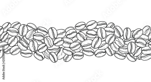 Seamless horizontal border of hand drawn roasted coffee beans in a detailed black and white line art engraving style.