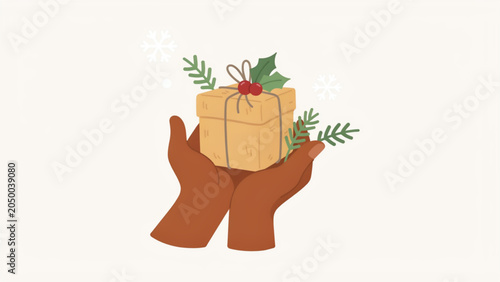 Hands holding a small pumpkin with green stem and leaves Vector
