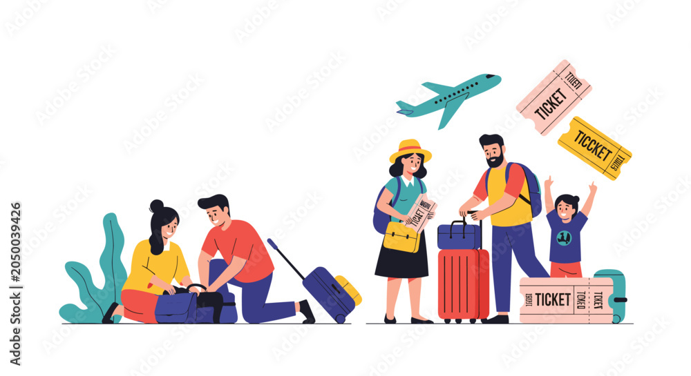 Fototapeta premium Travel set showing couple packing suitcase and happy family ready for vacation with luggage, airplane, and tickets.