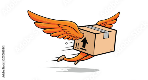 Cartoon illustration of a brown delivery box with large orange wings flying fast to represent quick shipping and express service.