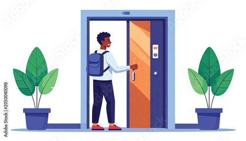 Man stepping into an elevator doorway.