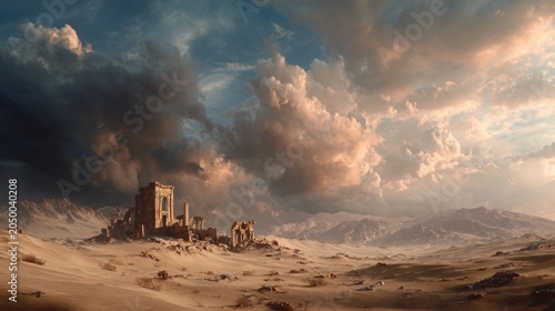 Ancient ruins stand weathered and solitary against a dramatic, cloud-filled desert sky, evoking a sense of history and desolation