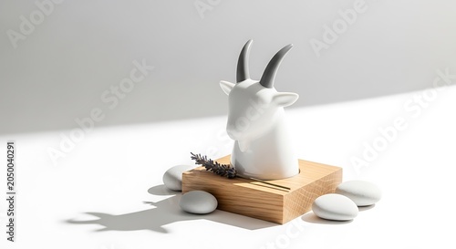 White goat figurine on wooden base.
