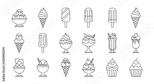 Set of black and white ice cream outline icons including cones, popsicles, cups, and sundaes in various flavors and styles.
