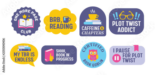 Flat Aesthetic Book Worm Sticker Set with Typography Quotes Vector