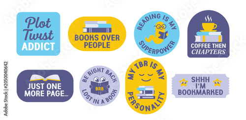 Flat Bookworm Quote Stickers and Reading Elements Collection Vector