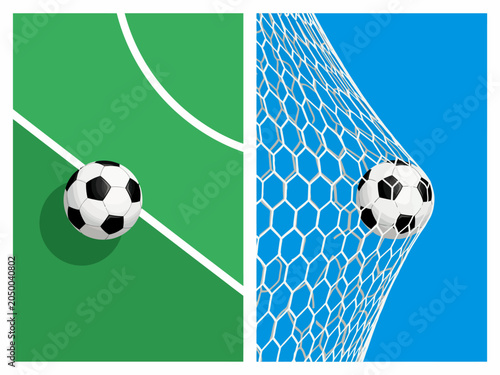 Soccer ball approaching goal net in vibrant green field scene