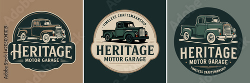 Fotografie Vintage style logo designs featuring classic pickup trucks for motor garages