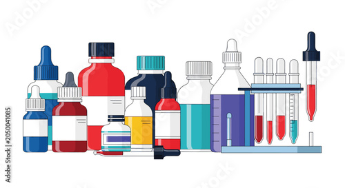 Assorted collection of colorful medicine bottles, test tubes, and pipettes for medical laboratory research.
