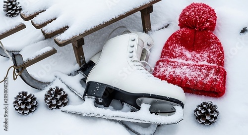 Winter ice skate and red hat.