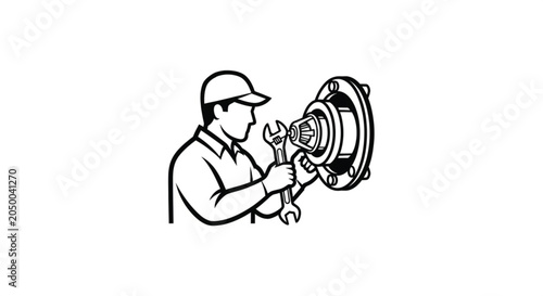Man using wrench on machinery.