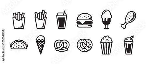 Hand drawn fast food icons set including burger taco chicken leg and snacks for vintage restaurant menu style.