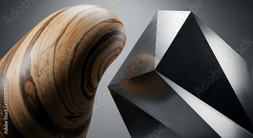 Wooden sculpture and metal geometric shapes.