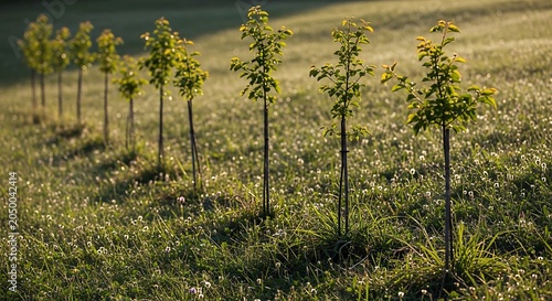 Young trees planted in a field.
