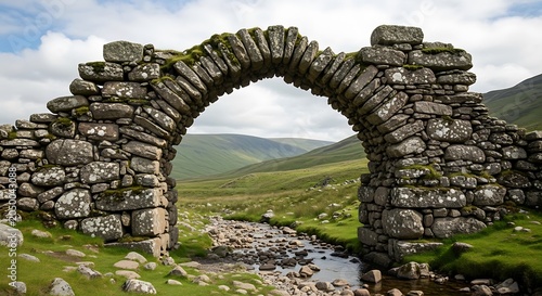 Stone arch bridge in green landscape.