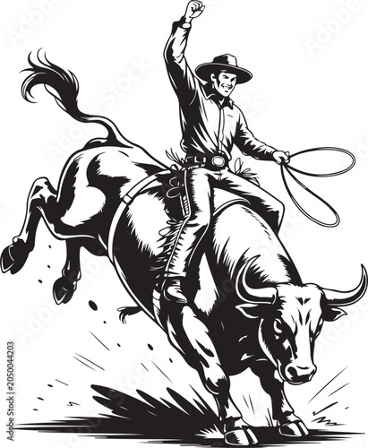 Obraz na płótnie Retro cowboy riding a bucking bull in dynamic pose, black and white vector illus