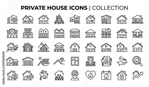 Foto Private house line icon collection with residential and real estate vector symbo