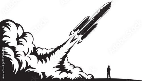 Foto Rocket launching with smoke explosion and observer