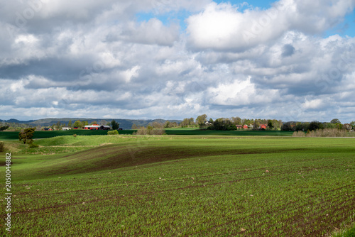 Autumn sowing is picking up speed in early summer on rolling fields in southern Sweden, with rain clouds in the sky above.
