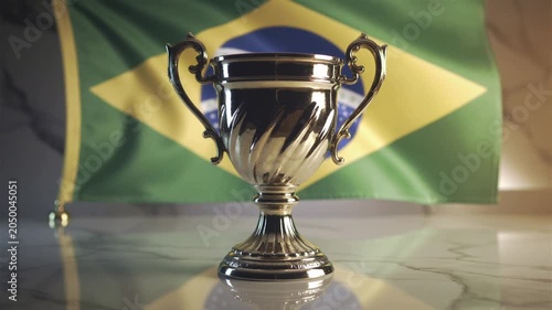 Silver championship trophy cup in front of the brazilian flag. 4K Video