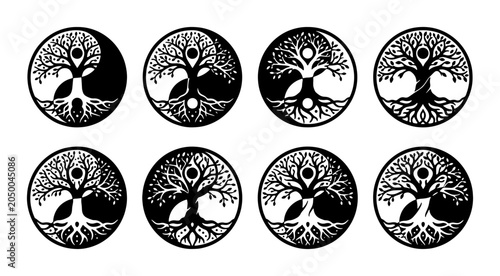 Fotografi Yin Yang Tree of Life Icons, Spiritual Balance Symbols, Sacred Geometry Art, Bla