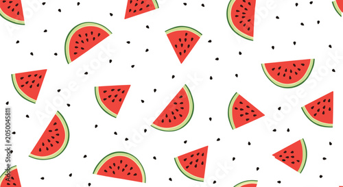 Seamless pattern featuring vibrant red watermelon slices and black seeds scattered over a plain white background.