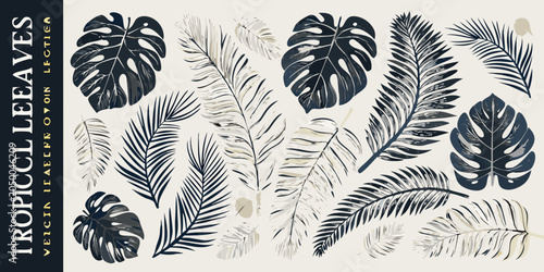 Tropical leaves vector illustration collection grayscale and beige tones