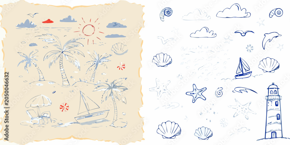 Obraz premium Summer beach scene and marine life hand drawn vector illustration collection
